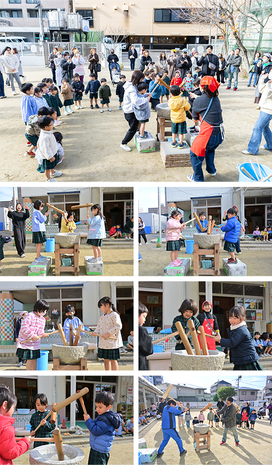 小さい子から先生までみんなで餅をつきました
